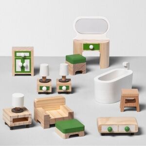 Hearth Hand Magnolia Toy Dollhouse Furniture 11-Pieces Wooden Set Vanity & Bath